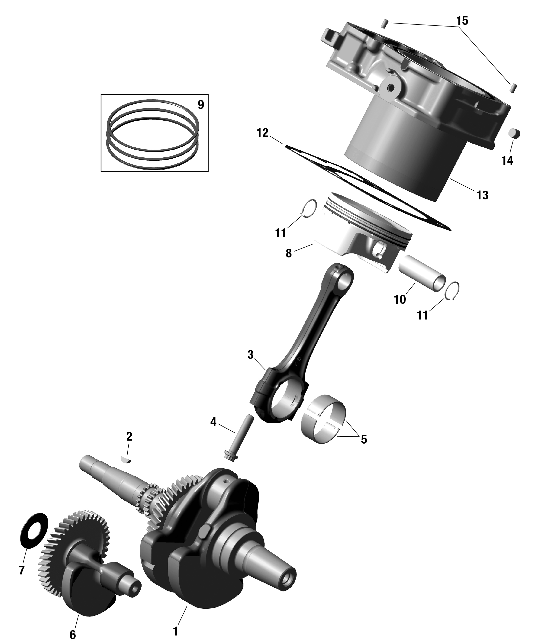 01  ROTAX VILEBREQUIN PISTONS ET CYLINDRE POUR MAVERICK TRAIL 700 BASE CATALYST GRAY 2024