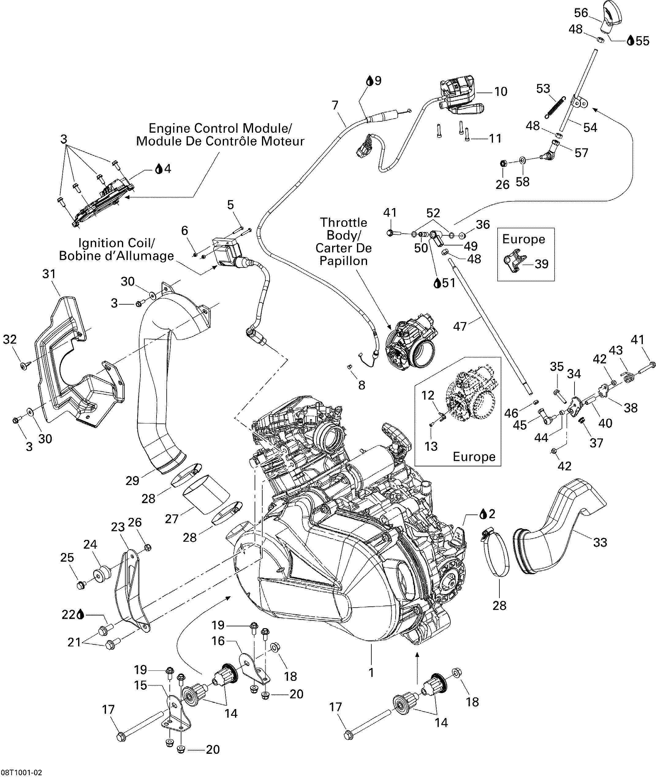 01  MOTEUR ET SUPPORT MOTEUR POUR OUTLANDER MAX STD 400 EFI ROUGE VIPERE 2010