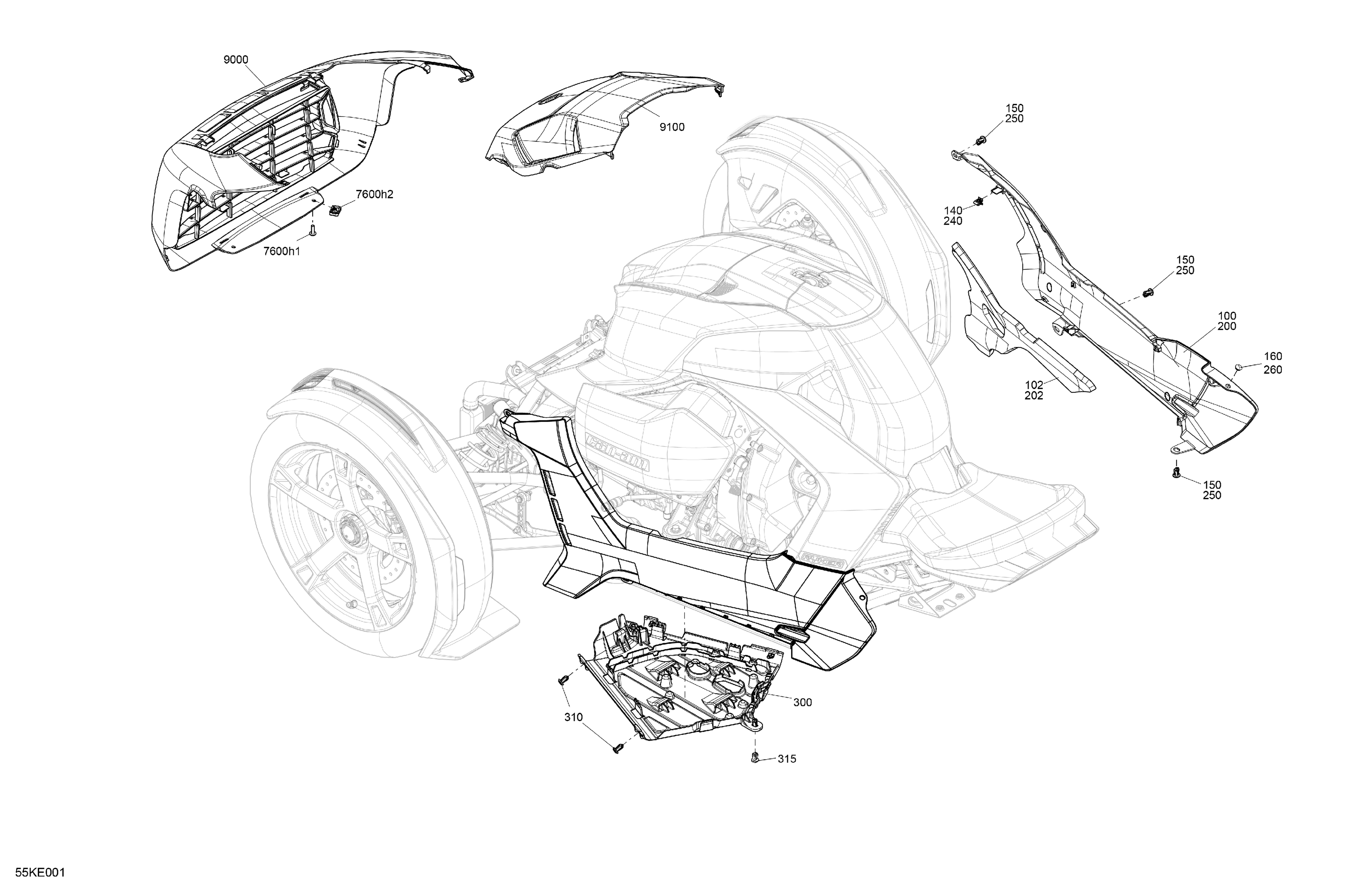 07  CARROSSERIE PARTIE INFERIEURE POUR RYKER 600 ACE CVT DEEP BLACK 2025